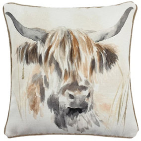 Evans Lichfield Watercolour Highland Cow Tartan Piped Feather Filled Cushion