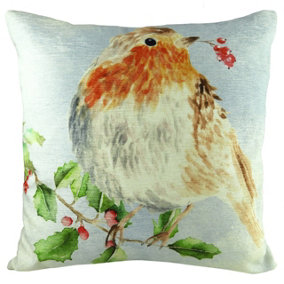 Evans Lichfield Xmas Robin Hand-Painted WatercolourPrinted Polyester Filled Cushion