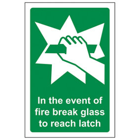 Event Of Fire Break Glass To Reach Latch Sign - Rigid Plastic - 100x150mm (x3)