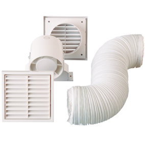 Everything Ventilation Bathroom Extractor Fan Kit with PVC Ducting & 2 Fixed Louver Grills with Electronic Timer