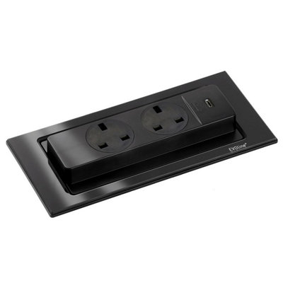 EVOline Backflip in Matt Black Glass, 2 UK Sockets, 1 USB-C, Worktop Socket