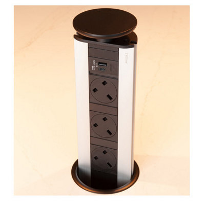 EVOline Port in Black, 3 UK Sockets, USB A/C, Pop Up Socket
