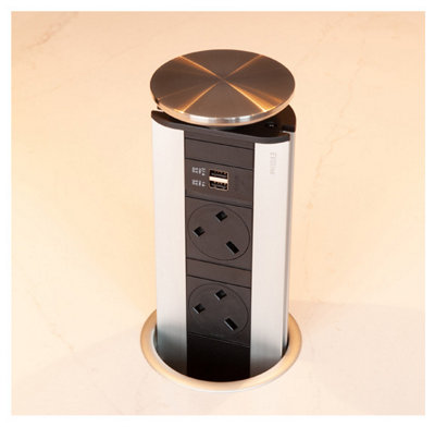 EVOline Port in Stainless Steel, 2 UK Sockets, USB A/C, Pop Up Socket