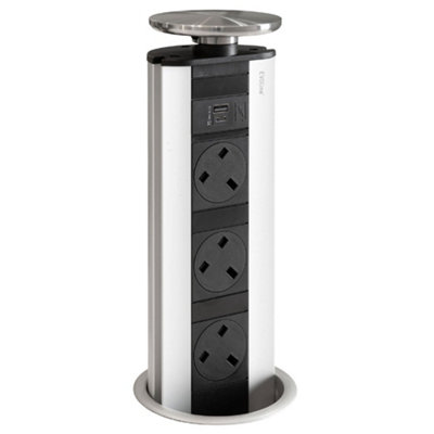 EVOline Port in Stainless Steel, 3 UK Sockets, USB A/C, Pop Up Socket
