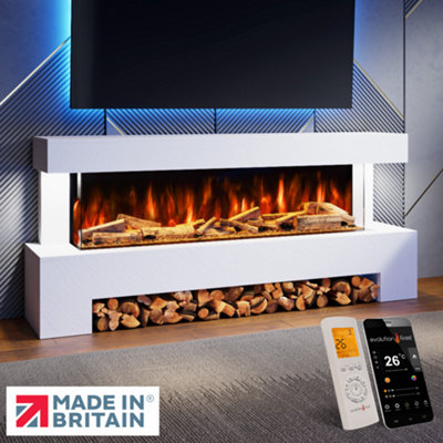 Evolution Fires Angelo Electric Fireplace Suite 1500mm 3 Sided LED Fire with White Stone Surround for Media or Feature Walls