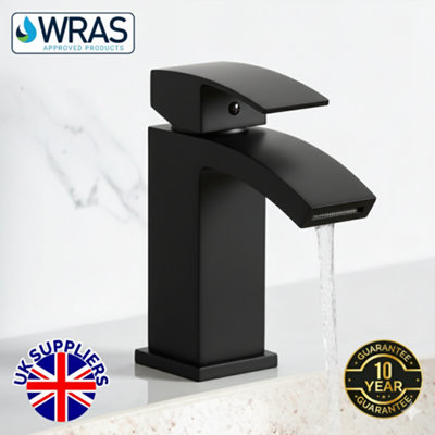 Evolve Decent Black Waterfall Basin Mixer Tap with Click Clack Waste