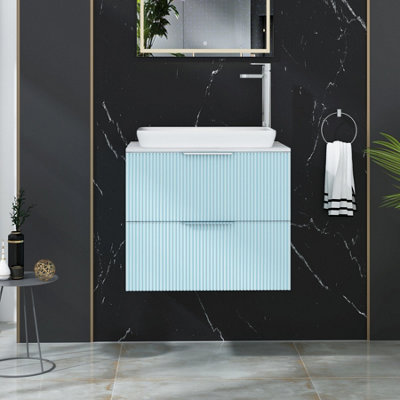 Evora 600mm Powder Blue Fluted Wall Hung Countertop Vanity Unit 2 ...