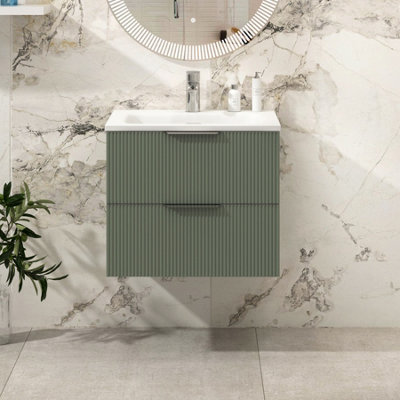 Evora 600mm Satin Green Fluted Wall Hung Vanity Unit 2 Drawer with Stone Basin