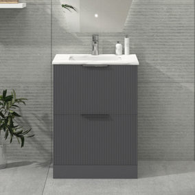 Evora 600mm Satin Grey Fluted Floor Standing Vanity Unit 2 Drawer with Carrara White Top