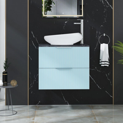 Evora 600mm Sky Blue Fluted Wall Hung Countertop Vanity Unit 2 Drawer ...