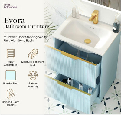 Evora 700mm Powder Blue Fluted Floor Standing Bathroom Vanity Unit 2 ...
