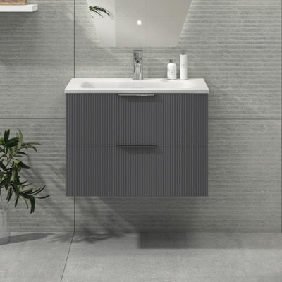 Evora 700mm Satin Grey Fluted Wall Hung Vanity Unit 2 Drawer with Stone Basin