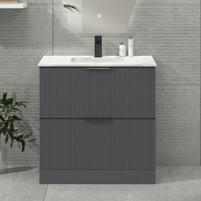 Evora 800mm Satin Grey Fluted Floor Standing Vanity Unit 2 Drawer with Carrara White Top & Matt Black Handles