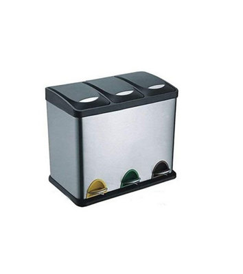 EVRE 24L Recycling Stainless Steel Waste Bin Silver 3 Compartment with Pedal Soft Close & Non Slip Base - FREE NEXT-DAY DELIVERY