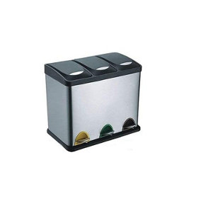 EVRE 24L Recycling Stainless Steel Waste Bin Silver 3 Compartment with Pedal Soft Close & Non Slip Base - FREE NEXT-DAY DELIVERY
