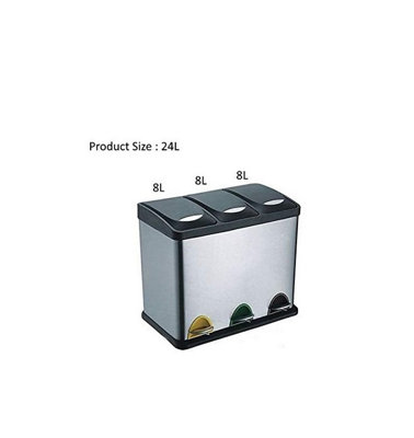 EVRE 24L Recycling Stainless Steel Waste Bin Silver 3 Compartment with Pedal Soft Close Removable Compartment and Non Slip Base
