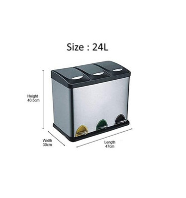 EVRE 24L Recycling Stainless Steel Waste Bin Silver 3 Compartment with Pedal Soft Close Removable Compartment and Non Slip Base - 3