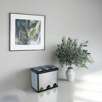 EVRE 24L Recycling Stainless Steel Waste Bin Silver 3 Compartment with Pedal Soft Close Removable Compartment and Non Slip Base - 4
