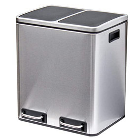 EVRE 30L Recycling Stainless Steel Bin Silver 2 Removable Compartment - Pedal Soft Close & Non Slip Base - FREE NEXT-DAY DELIVERY