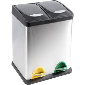 EVRE 30L Recycling Stainless Steel Waste Bin Silver 2 Removable Compartment - Pedal Soft & Non Slip Base - FREE NEXT-DAY DELIVERY