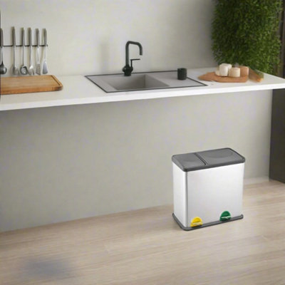 EVRE 36L Recycling Stainless Steel Waste Bin Silver 2 Compartment with Pedal Soft Close & Non Slip Base - FREE NEXT-DAY DELIVERY