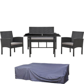 EVRE 4 Seat Porto Garden Rattan Furniture  Piece Dining Outdoor Wicker Lounge Sofa & Table Black + Cover - FREE NEXT-DAY DELIVERY