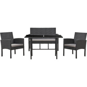 EVRE 4 Seat Porto Garden Rattan Furniture Set 4 Piece Dining Outdoor Wicker Lounge Sofa and Table Black - FREE NEXT-DAY DELIVERY
