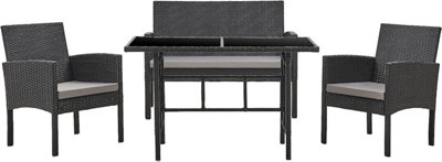EVRE 4 Seat Porto Garden Rattan Furniture Set 4 Piece Dining Outdoor Wicker Lounge Sofa and Table Black