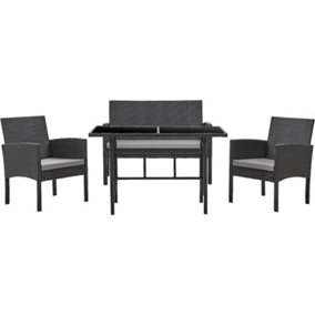 EVRE 4 Seat Porto Garden Rattan Furniture Set 4 Piece Dining Outdoor Wicker Lounge Sofa and Table Black
