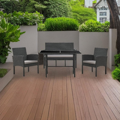 EVRE 4 Seat Porto Garden Rattan Furniture Set 4 Piece Dining Outdoor Wicker Lounge Sofa and Table Black