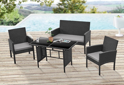 EVRE 4 Seat Porto Garden Rattan Furniture Set 4 Piece Dining Outdoor Wicker Lounge Sofa and Table Black - 3