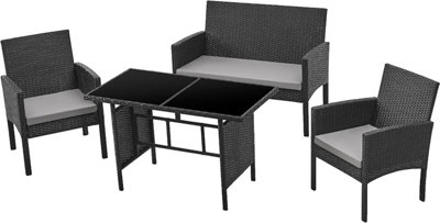 EVRE 4 Seat Porto Garden Rattan Furniture Set 4 Piece Dining Outdoor Wicker Lounge Sofa and Table Black - 7