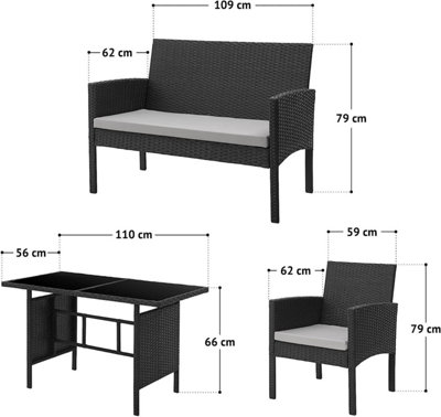 EVRE 4 Seat Porto Garden Rattan Furniture Set 4 Piece Dining Outdoor Wicker Lounge Sofa and Table Black - 9