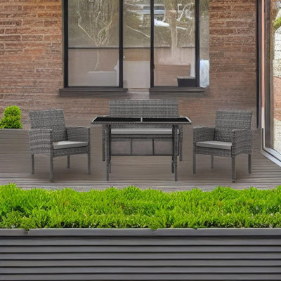 EVRE 4 Seat Porto Garden Rattan Furniture Set 4 Piece Dining Outdoor Wicker Lounge Sofa and Table Grey - 3