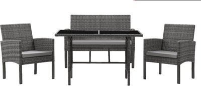 EVRE 4 Seat Porto Garden Rattan Furniture Set 4 Piece Dining Outdoor Wicker Lounge Sofa and Table Grey - 7