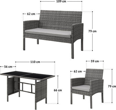 EVRE 4 Seat Porto Garden Rattan Furniture Set 4 Piece Dining Outdoor Wicker Lounge Sofa and Table Grey - 9