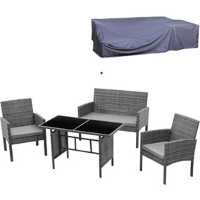 EVRE 4 Seat Porto Rattan Furniture Set 4 Piece Dining Outdoor Wicker Lounge Sofa & Table Grey With Cover - FREE NEXT-DAY DELIVERY