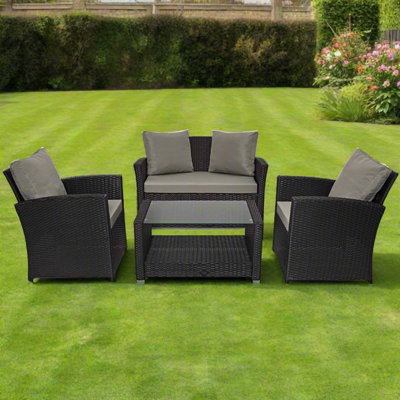 EVRE 4 Seater Black Rattan Garden Furniture Sofa Armchair Set - Roma with Coffee Table