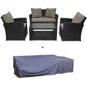 EVRE 4 Seater Black Rattan Garden Furniture Sofa Armchair Set - Roma with Weather Proof Cover - FREE NEXT-DAY DELIVERY