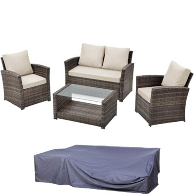 EVRE 4 Seater Cedar Brown Rattan Garden Furniture Sofa Armchair Set - Roma with Coffee Table with Weatherproof Cover