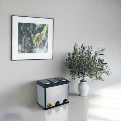 EVRE 45L Recycling Stainless Steel Waste Bin Silver 3 Compartment with Pedal Soft Close Removable Compartment and Non Slip Base