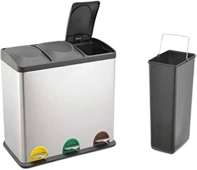 EVRE 45L Recycling Stainless Steel Waste Bin Silver 3 Compartment with Pedal Soft Close Removable Compartment and Non Slip Base