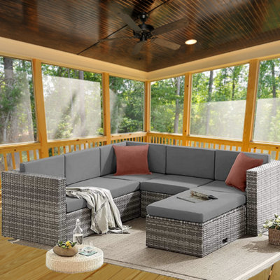 EVRE 6 Seat Grey Rattan Outdoor Garden Furniture Sofa Set - Monaco with Coffee Table and Weatherproof Cover