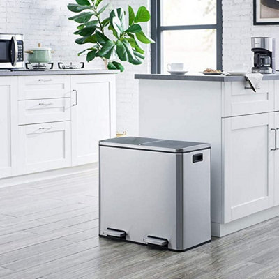 EVRE 60L Recycling Stainless Steel Bin Silver 2 Removable Compartment - Pedal Soft Close & Non Slip Base - FREE NEXT-DAY DELIVERY