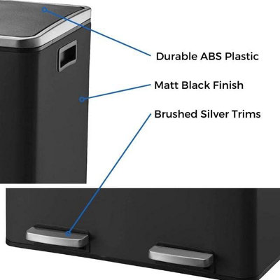 EVRE 60L Recycling Stainless Steel Waste Bin Black 2 Removable Compartment with Pedal Soft Close and Non Slip Base - 3