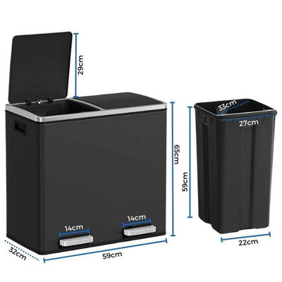EVRE 60L Recycling Stainless Steel Waste Bin Black 2 Removable Compartment with Pedal Soft Close and Non Slip Base - 6