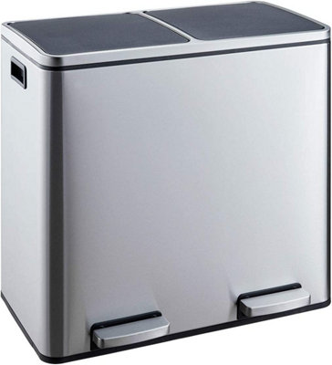 EVRE 60L Recycling Stainless Steel Waste Bin Silver 2 Removable Compartment with Pedal Soft Close and Non Slip Base