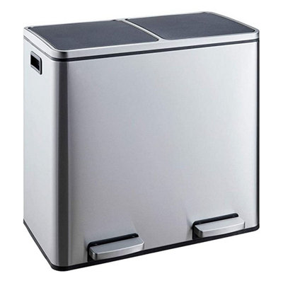 EVRE 60L Recycling Stainless Steel Waste Bin Silver 2 Removable Compartment with Pedal Soft Close and Non Slip Base