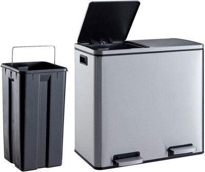 EVRE 60L Recycling Stainless Steel Waste Bin Silver 2 Removable Compartment with Pedal Soft Close and Non Slip Base