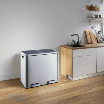 EVRE 60L Recycling Stainless Steel Waste Bin Silver 2 Removable Compartment with Pedal Soft Close and Non Slip Base - 3